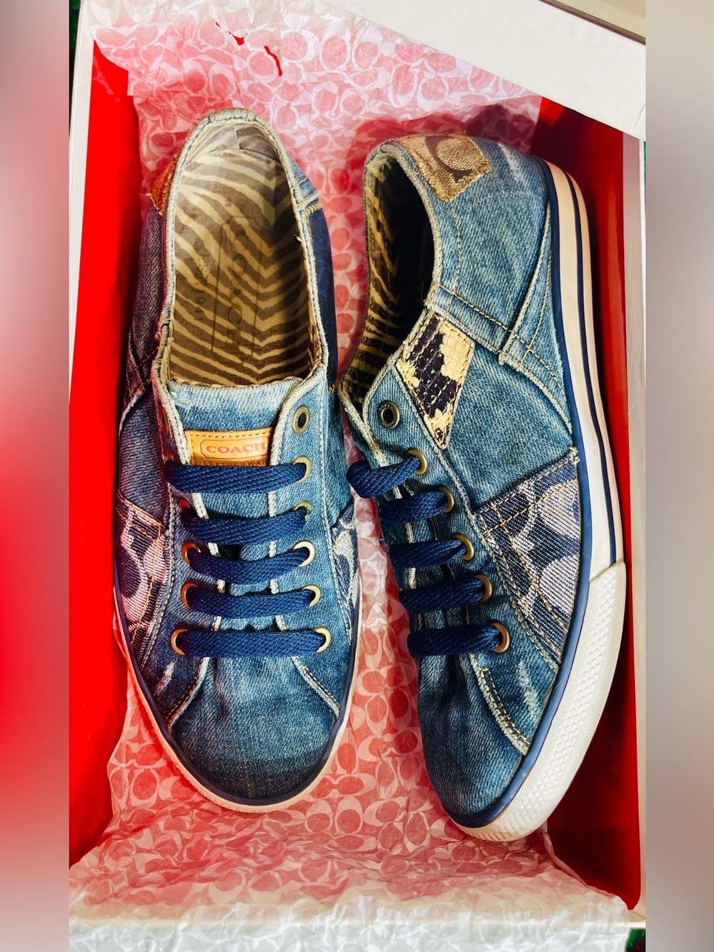COACH Tonie Patchwork Denim Low Top Sneakers Blue Monogram Size 9M A1212 Vintage